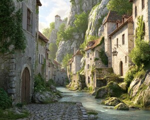 Picturesque Mountain Valley Village With Stone Houses And River