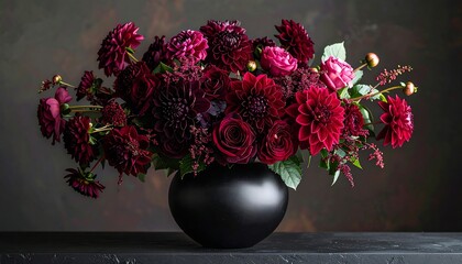 Lush arrangement of deep red dahlias and roses in a black spherical vase on a dark surface against a blurred backdrop