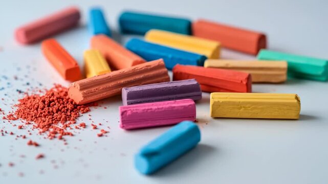 Vibrant chalk sticks and powder scattered on white surface art supplies