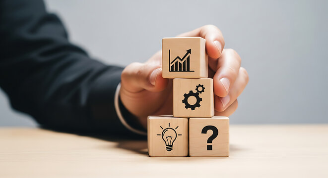 Hand stacking wooden blocks with business strategy symbols like growth chart, gear, lightbulb and question mark on table.