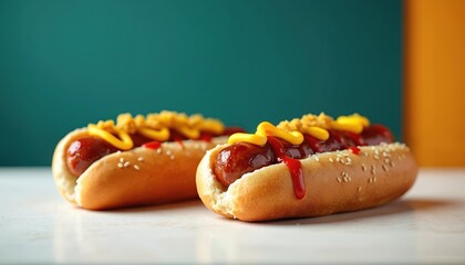 Close-up of two delicious hot dogs with mustard, relish on marble surface. Vibrant teal background adds visual pop. Ideal for food blogs restaurant menus advertising campaigns promoting classic
