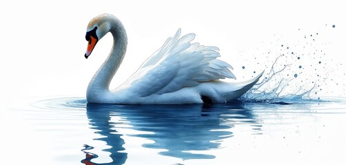 Fototapeta premium White swan gracefully swims on blue water. Elegant bird glides, creating water splashes, ripples behind. Graceful wild animal isolated on clean white background, representing peace, beauty, fluid