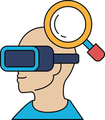 A man wearing a virtual reality headset with a magnifying glass on his head