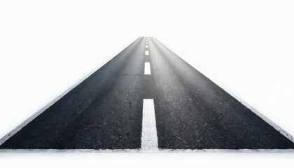 Straight asphalt road with white lines disappears into white void. Endless journey begins. Path forward clear and defined. Drive into future.