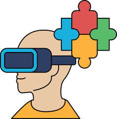 A man wearing a virtual reality headset is shown with a puzzle in his head