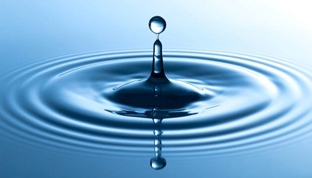 Water droplet impact creating concentric ripples on a calming blue surface, reflecting the droplet shape perfectly