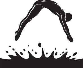 Silhouette of Diver Jumping into Water and Splash Isolated on Transparent Background Vector Illustration