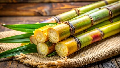 Cut sugarcane stalks on burlap, exhibiting colors and texture atop aged wood