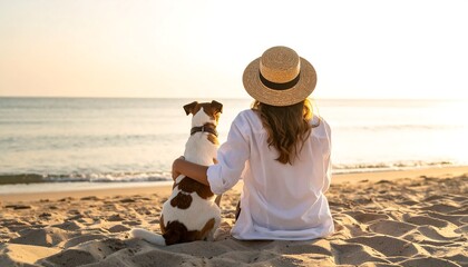 Woman and dog sit on a sandy beach looking out at the ocean at sunset
