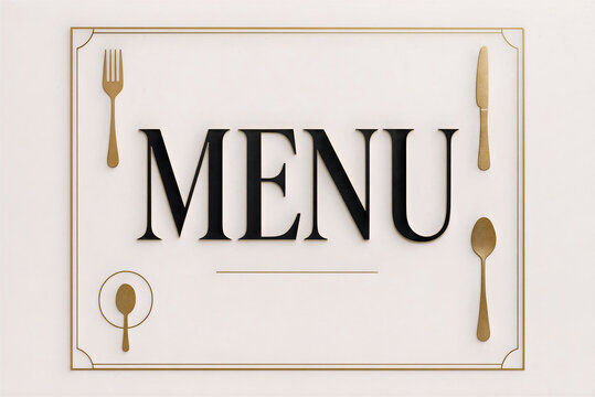 Elegant Food Menu Typography with Gold Accents and Utensil Frame on White Background