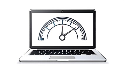 Laptop displays a speedometer graphic suggesting performance or speed, on a white background, with shadow effect