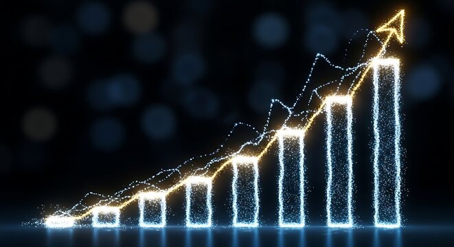 Growing business chart with an arrow pointing upwards, made of glowing particles on black