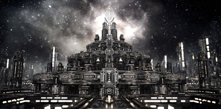 Futuristic Cityscape At Night With Central Structure