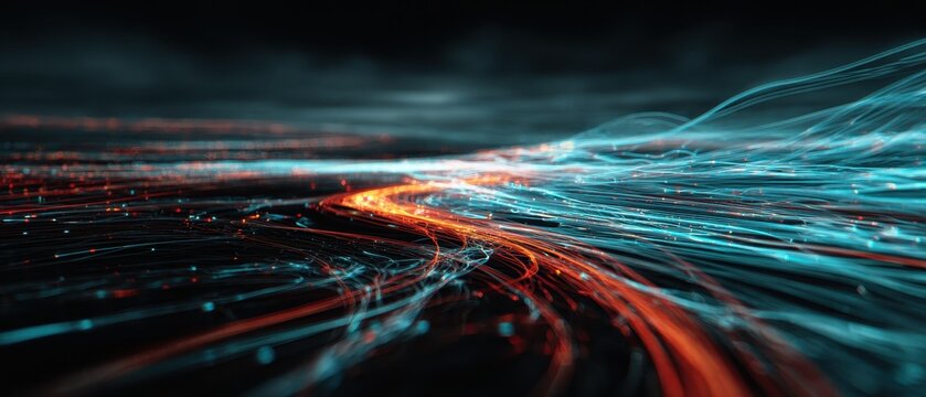 Dynamic Digital Data Flow - Vibrant Orange and Blue Light Trails Illustrating Speed.