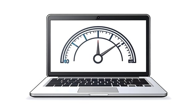 Laptop displays a speedometer graphic suggesting performance or speed, on a white background, with shadow effect - Powered by Adobe