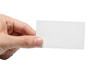 Professional hand presenting a blank white business card for your custom design needs, ready for branding and contact information.