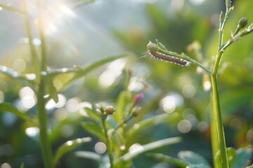Caterpillar on Plant Sprout with Sunburst and Bright Bokeh