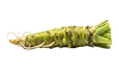 Close-up shot of a fresh, green wasabi root, showing its texture and shape.