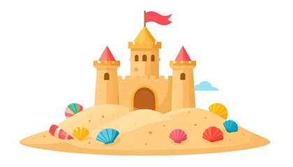 Cartoon sandcastle with flag, surrounded by colorful seashells, resting on a sandy beach