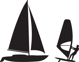Silhouette of Sailboat and Windsurfer Water Sport Activities Sailing and Windsurfing on Clear Backdrop for Design Projects