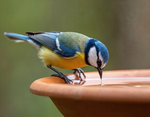 Obraz premium Colourful blue tit bird perches on terracotta birdbath drinking water. Small bird with vibrant blue green and yellow feathers stands on edge of clay pot. Wildlife scene in garden or backyard.