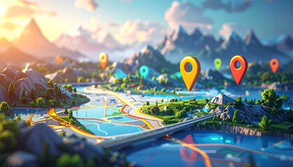 Aerial view of a stylized map featuring mountains, lakes, roads, and location pins under a bright sky