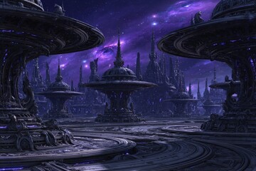 Obraz premium Alien City At Night With Purple Lights