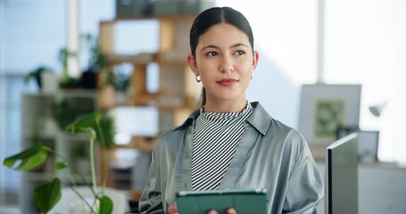 Plants, tablet and thinking with business woman in green office for net zero development or research. App, planning and vision with employee person in eco friendly workplace for sustainability