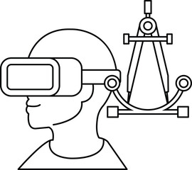 A man wearing a virtual reality headset is standing next to a ruler