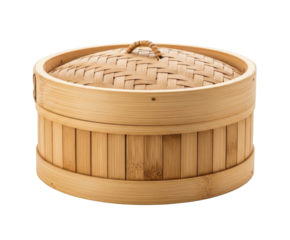 Close-up shot of a traditional bamboo steamer used for cooking Asian cuisine.