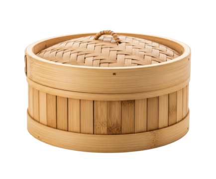 Close-up shot of a traditional bamboo steamer used for cooking Asian cuisine.