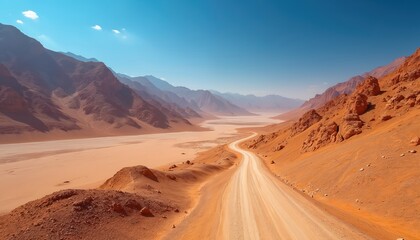Expansive desert landscape features red rock mountains, long winding dirt road. Clear blue sky over arid valley. Remote natural scenery suggests travel, adventure, exploration, grand journey. Dry
