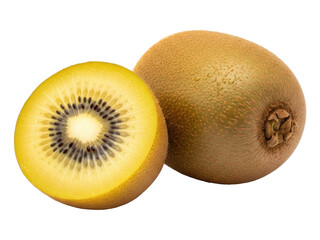Close-up shot of a golden kiwi fruit, one cut in half, showing the inside.