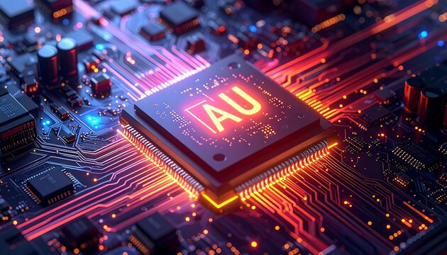 Intricate computer motherboard with glowing components and circuits, radiating a futuristic, high-tech vibe