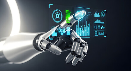 Digital Interaction: A sleek robotic hand interacts with a virtual interface, symbolizing the fusion of human ingenuity and artificial intelligence, against a futuristic backdrop.