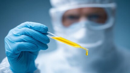 In a lab setting, a scientist clad in protective gear examines a drop of vibrant yellow liquid using a pipette, focusing on analyzing chemical residues from fruit