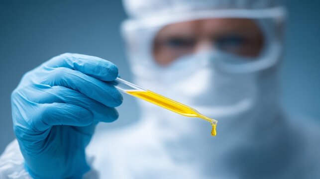 In a lab setting, a scientist clad in protective gear examines a drop of vibrant yellow liquid using a pipette, focusing on analyzing chemical residues from fruit - Powered by Adobe