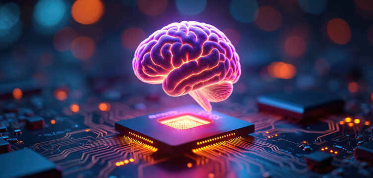 Glowing digital brain hologram floats over futuristic microchip circuit board. Neon purple orange light pulses in dark tech environment. Future AI innovation concept.