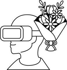 A man wearing a virtual reality headset with a bouquet of flowers on his head