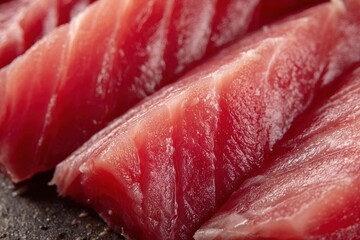 Fresh Tuna Sashimi Slices - Vibrant Red Texture, Close-Up Culinary Delight.