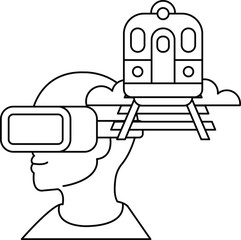 A man wearing a virtual reality headset is looking at a train