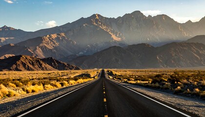 An empty road stretching towards distant mountains under a blue sky with wispy clouds