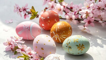 Pastel-painted Easter eggs scattered among pink blossoms on a textured, light-colored surface, bathed in soft, natural light