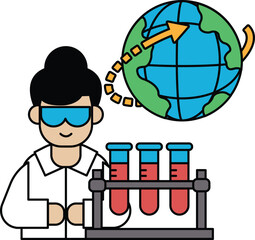 A man in a lab coat is holding a beaker and looking at a globe