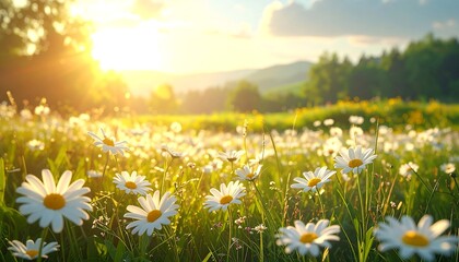 Sunlit meadow full of white daisy flowers with green grass and trees in background during sunset