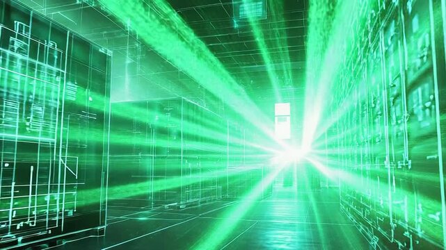 Data center server racks with digital green light streaming - Powered by Adobe