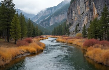 River flows through rugged mountain valley. Pine trees line banks with vibrant red, orange autumn bushes. Tall rocky cliffs rise under cloudy sky. Serene wilderness landscape features untouched