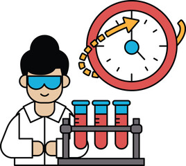 A man in a lab coat is working on a project with a clock in the background