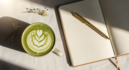 Matcha Latte and Journal:  A serene moment captured from above, highlighting a vibrant matcha latte with intricate art, an open journal with pen, all bathed in the warm embrace of sunlight.