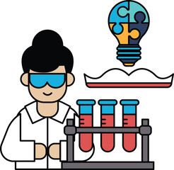 A man in a lab coat is holding a beaker and a light bulb